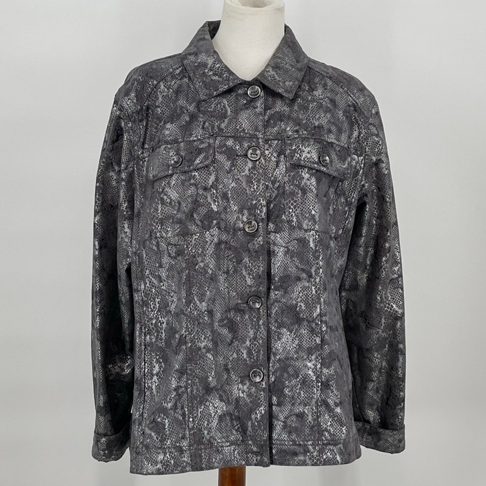 Chico's Metallic Snake Print Shirt Jacket Women's 3 XL 16/18 Silver Black
